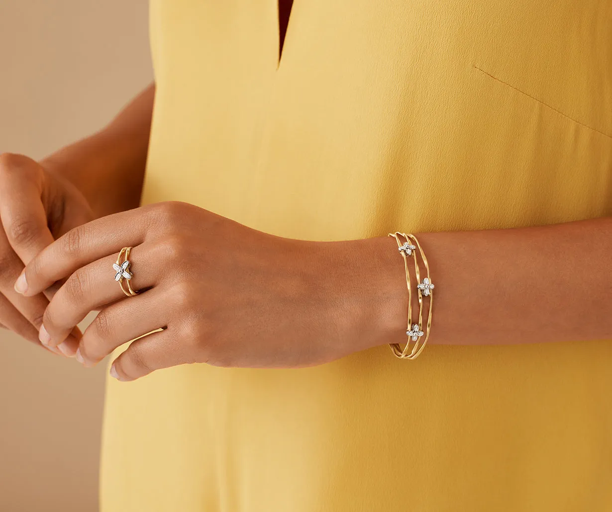18K Yellow Gold 3-Strand Bangle with Floral Diamonds
