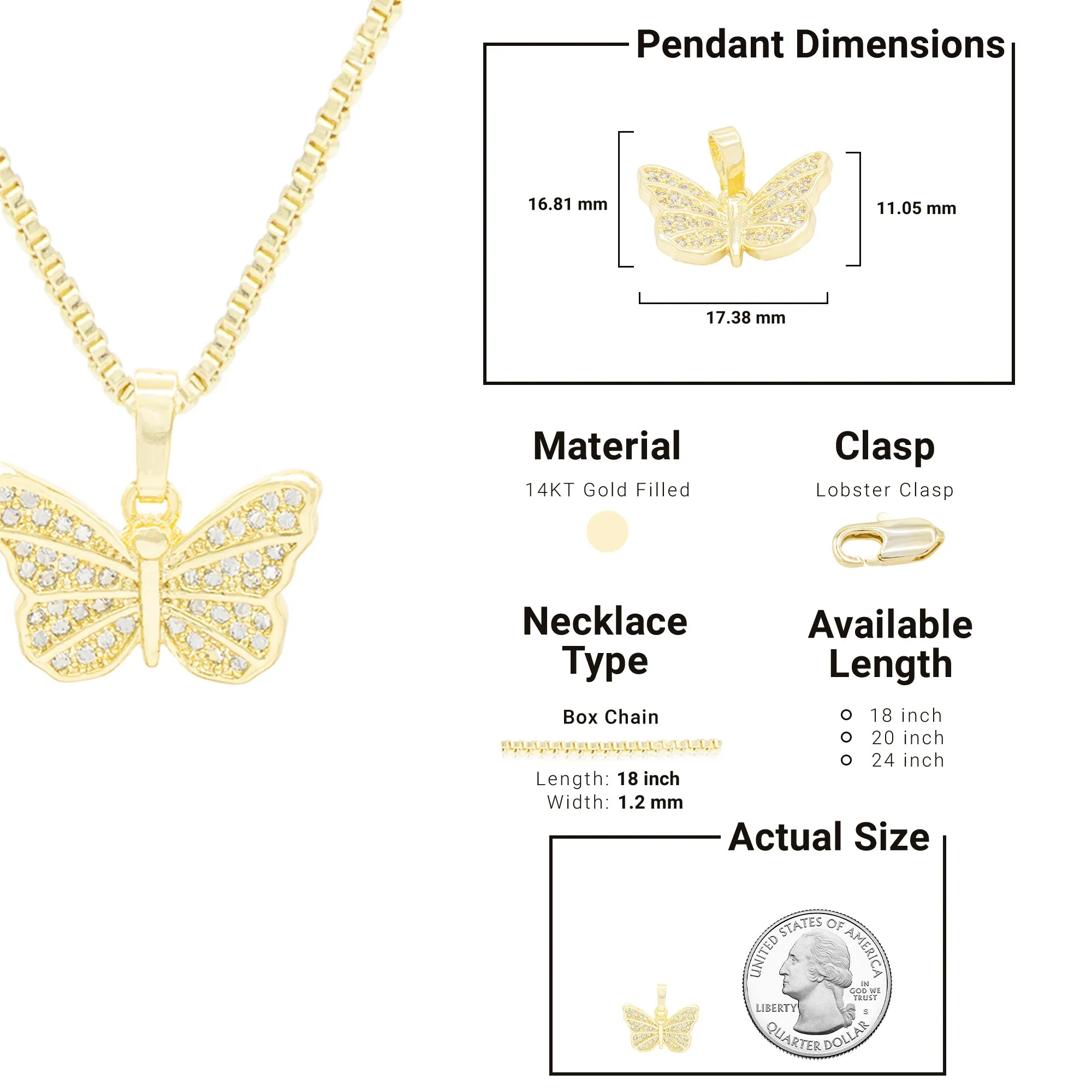 Butterfly 4 Cubic Zirconia Pendant With 14K Gold Filled Necklace Set