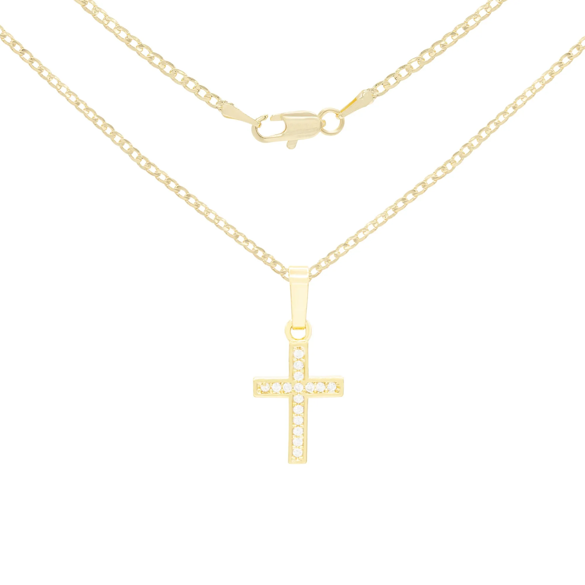 Cross 1 Cubic Zirconia Pendant 14K Gold Filled Chain Necklace Set
