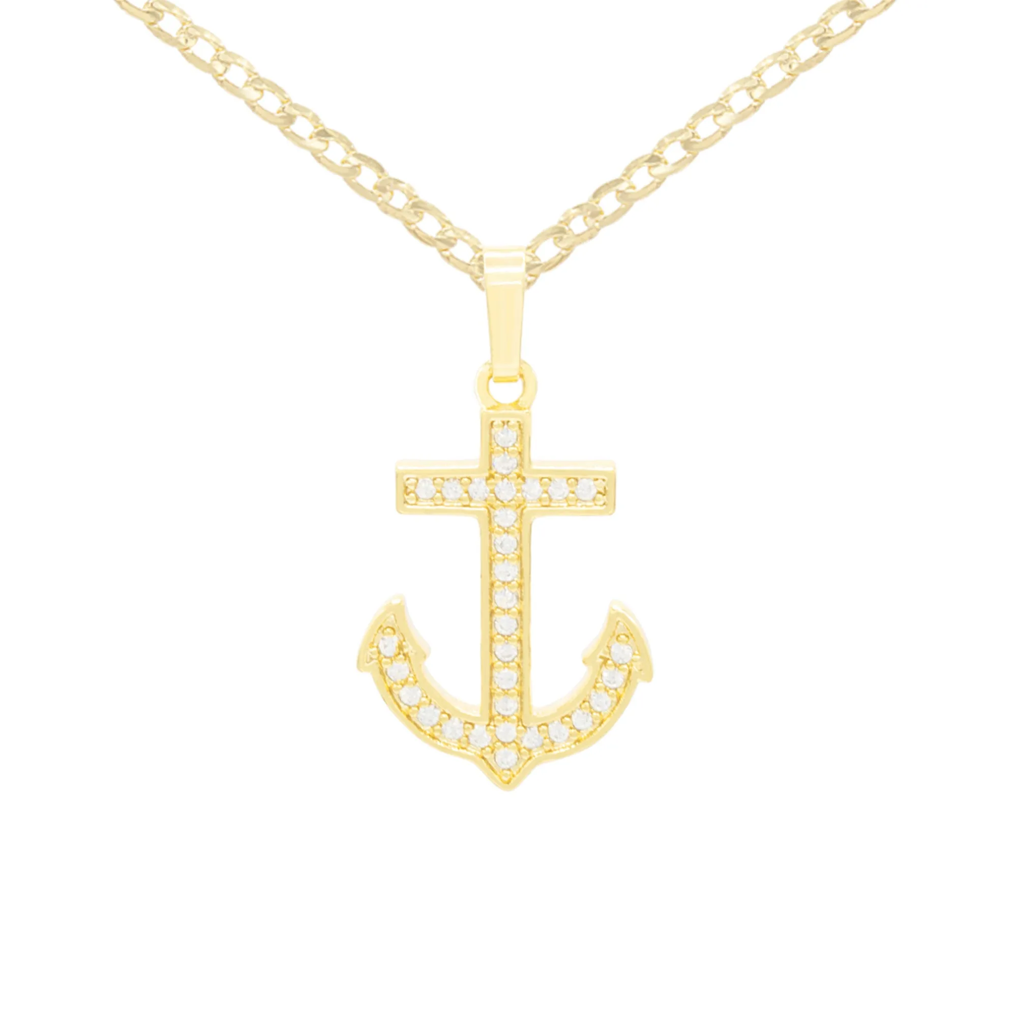 Cubic Zirconia Devil Anchor Cross Pendant 14K Gold Filled Necklace Set