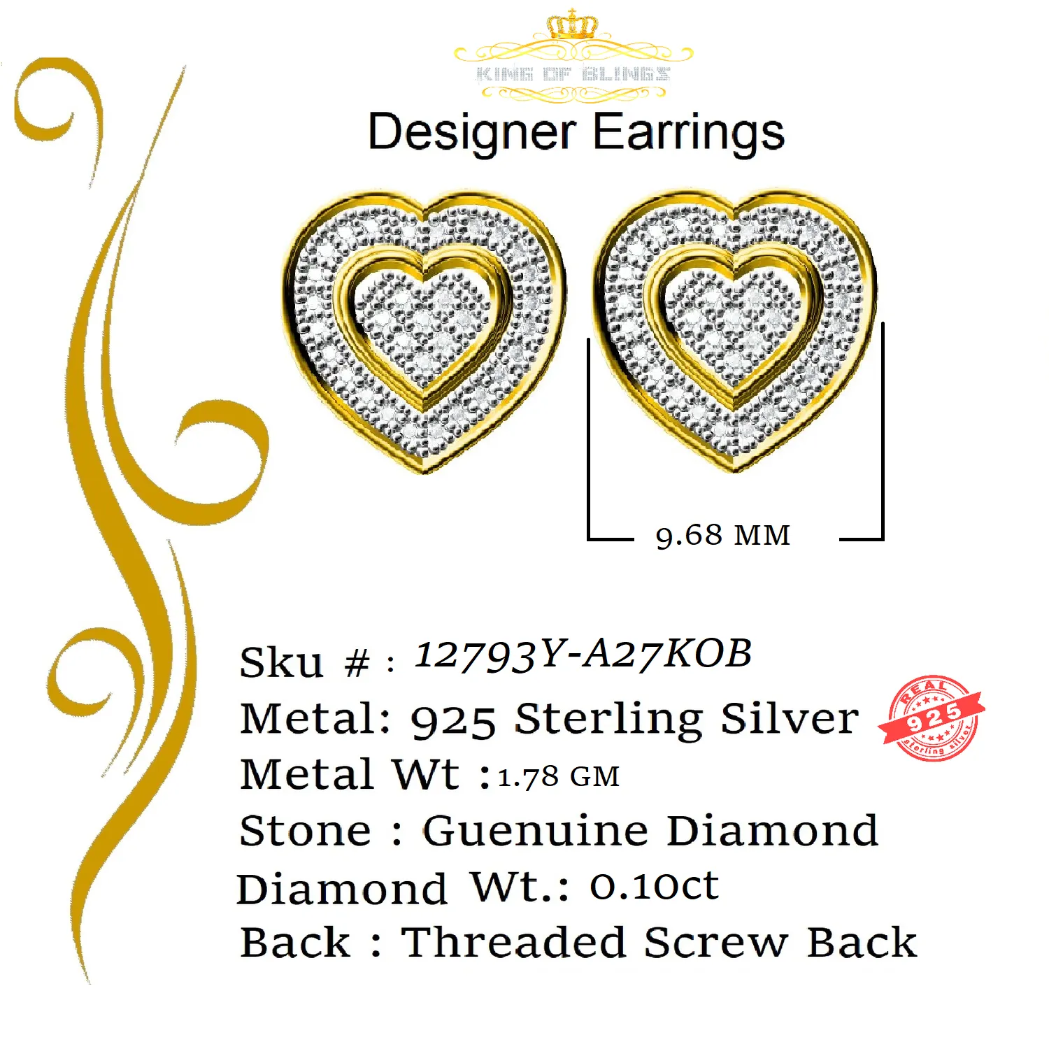 King of Blings-0.10ct Diamond Heart Earring Yellow 925 Sterling Silver Stud For Men's & Women's