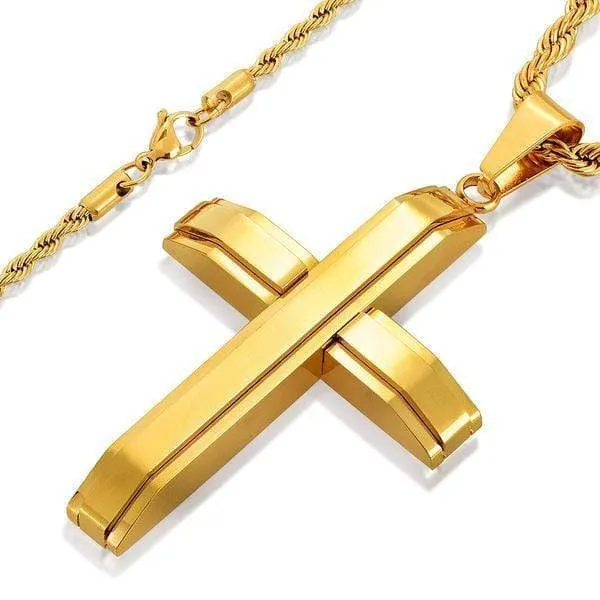 Men's Gold Stainless Steel Layered Cross Necklace