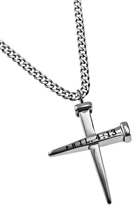 Men's Stainless Steel 2 Nail Cross Necklace - Philippians 4:13
