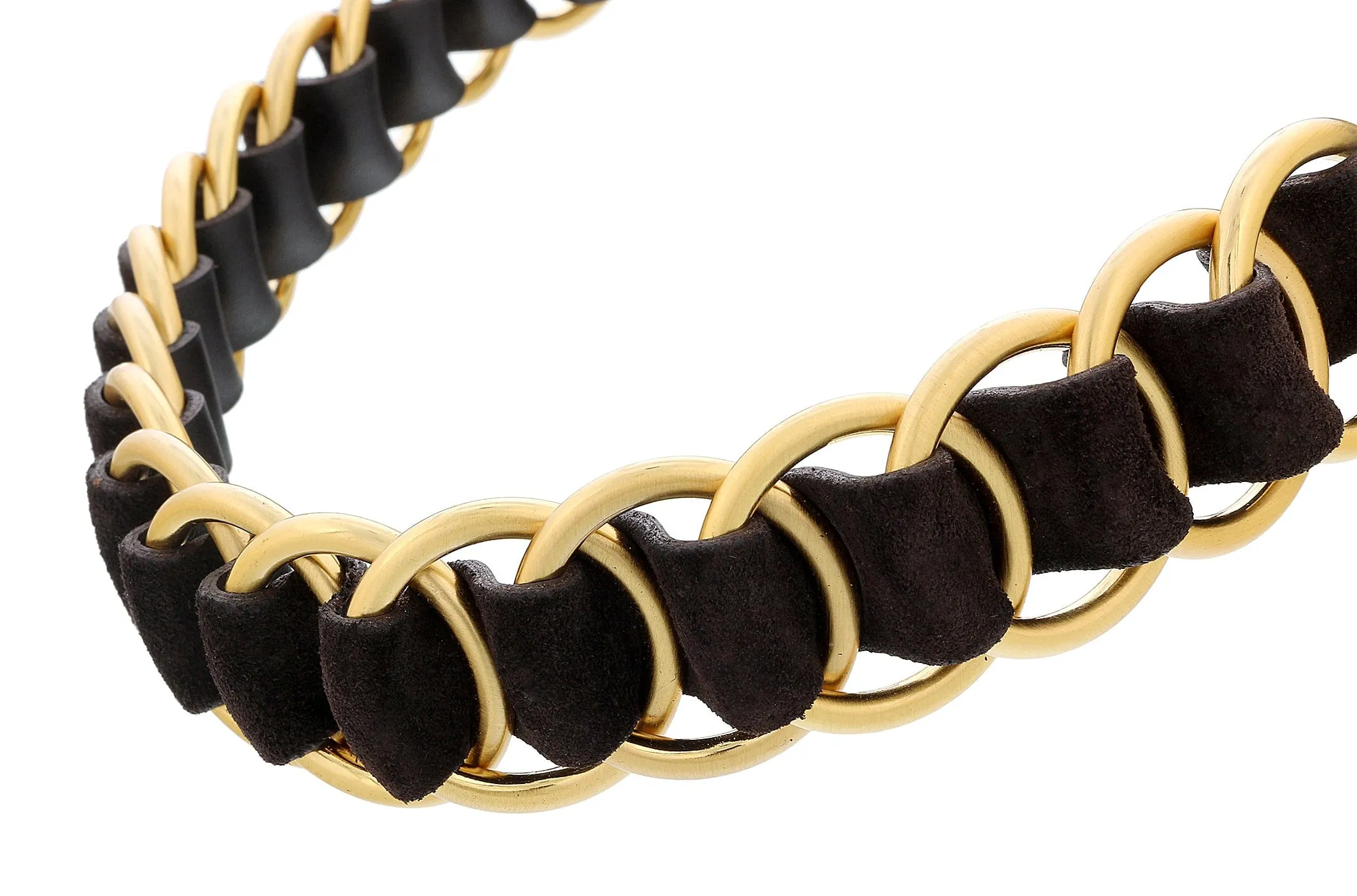Miu Miu Ebony Leather Woven Gold Chain Choker Necklace-One Size