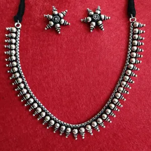 Silver Oxidised Plated Delicate Choker Necklace Set-OXDNK 2331