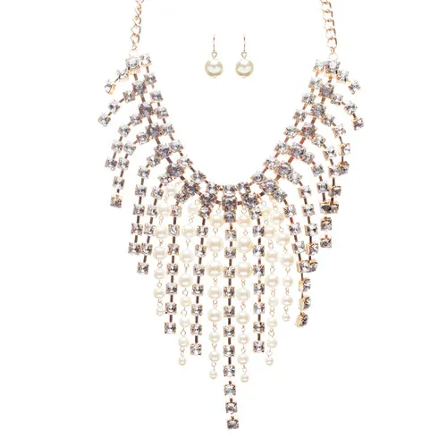 Stunning Gorgeous Bridal Wedding Rhinestone Pearl Bib Statement Necklace Set