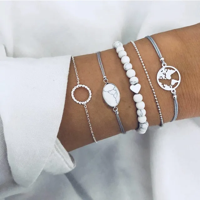 Turtle Heart Pearl Wave LOVE Crystal Marble Charm Bracelets for Women