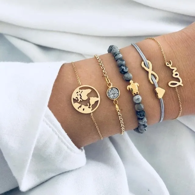 Turtle Heart Pearl Wave LOVE Crystal Marble Charm Bracelets for Women