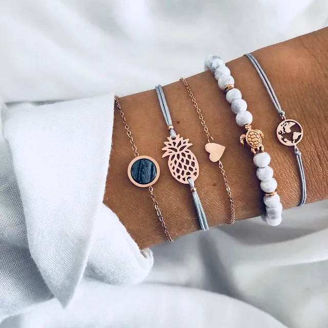 Turtle Heart Pearl Wave LOVE Crystal Marble Charm Bracelets for Women